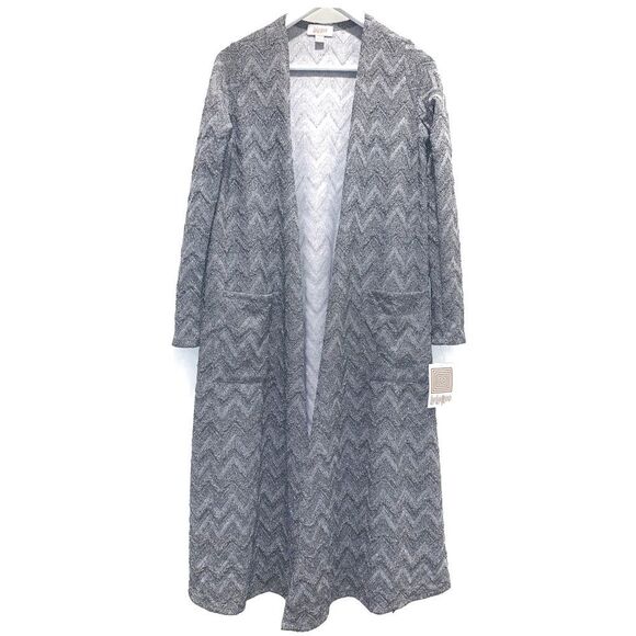 Silver Gray Shimmer Metallic Herringbone Long Sleeve Cardigan Duster - Picture 4 of 7